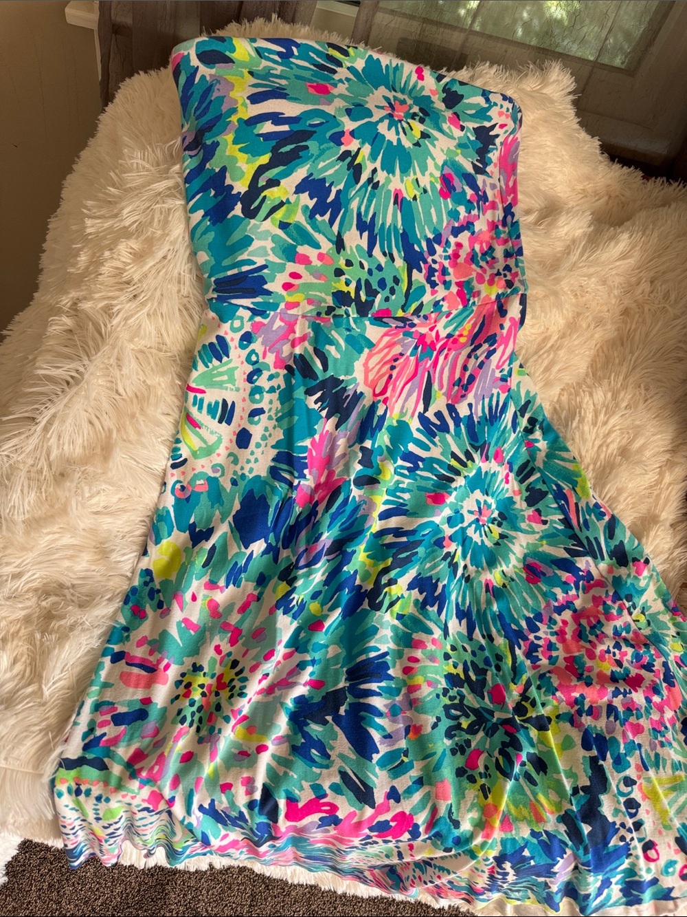 Lilly Pulitzer Strapless Midi Dress in Teal, Blue, Pink & Green